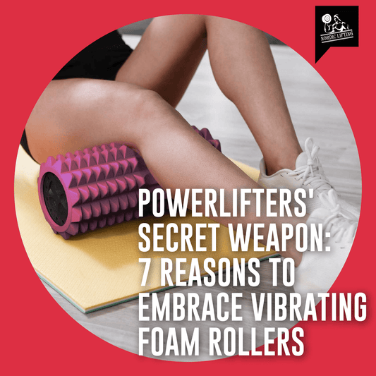 A female lifter in black sportswear uses a pink Vibrating Foam Roller to massage her thigh.