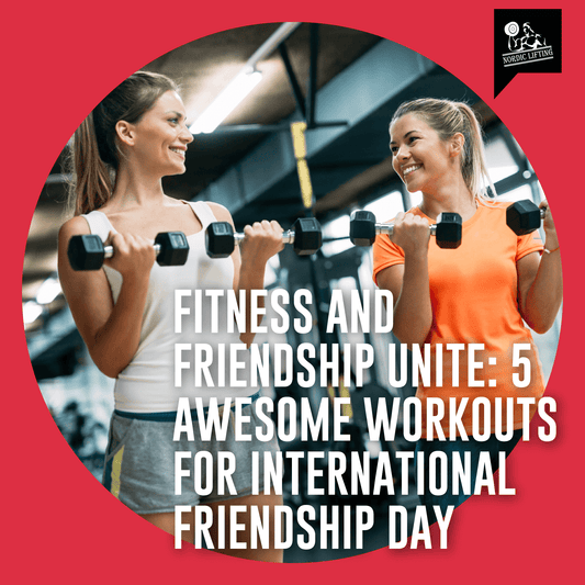 Two friends in sportswear holding barbells while facing each other happily.