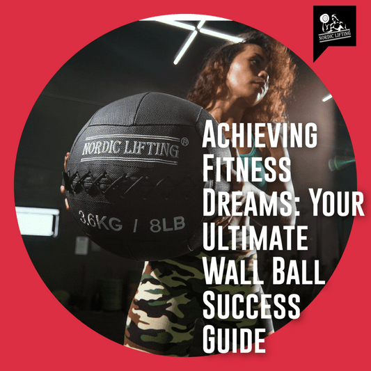 A woman in sportswear holding a black Nordic Lifting wall ball.