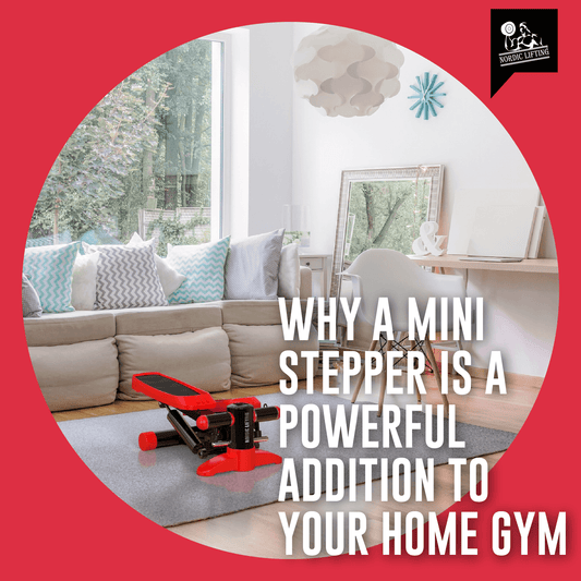 A red mini stepper placed in the center of a living room