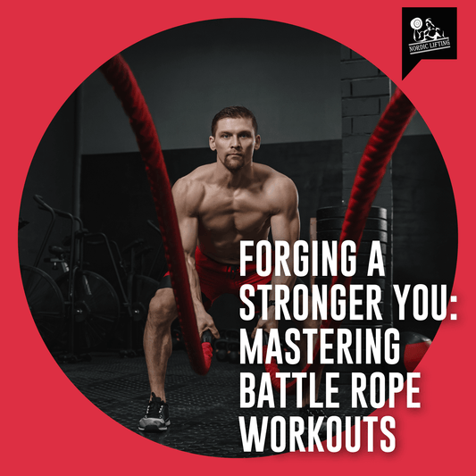 A topless man with six-pack abs using a red battle rope while training.
