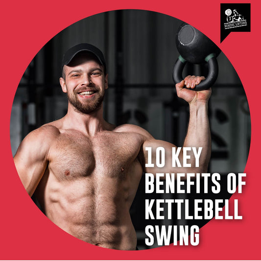 A bare-chested bodybuilder holds a kettlebell in his hand