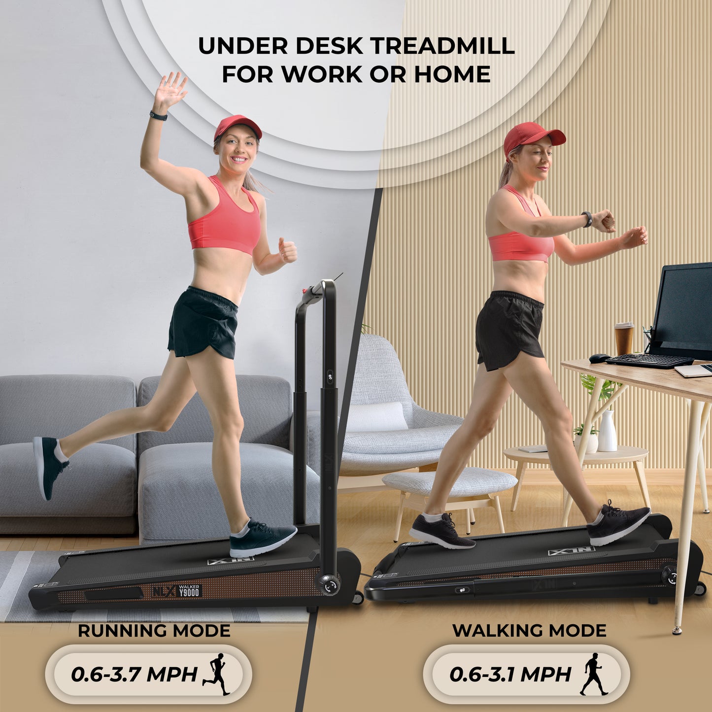 NLX Y9000 Treadmill - Under-Desk Treadmill For Home or Office Use, Walking or Running Treadmill With Adjustable Incline & Handle, 260 lbs Max User Capacity