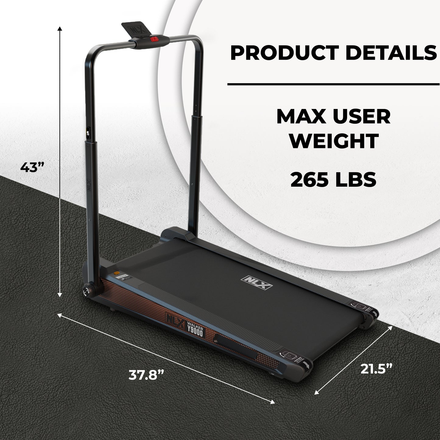 NLX Y9000 Treadmill - Under-Desk Treadmill For Home or Office Use, Walking or Running Treadmill With Adjustable Incline & Handle, 260 lbs Max User Capacity