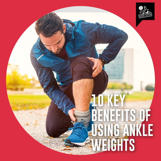 A man in black and blue sportswear is putting on his ankle weights