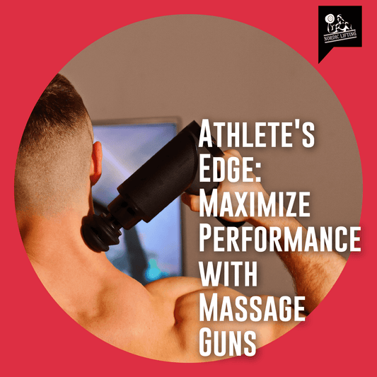 An athletic man uses a black massage gun to relax his back muscles.