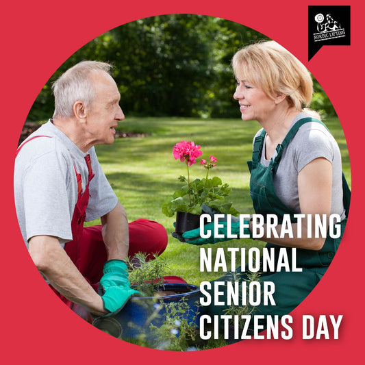 A happy senior citizen couple having a good time with plants and flowers