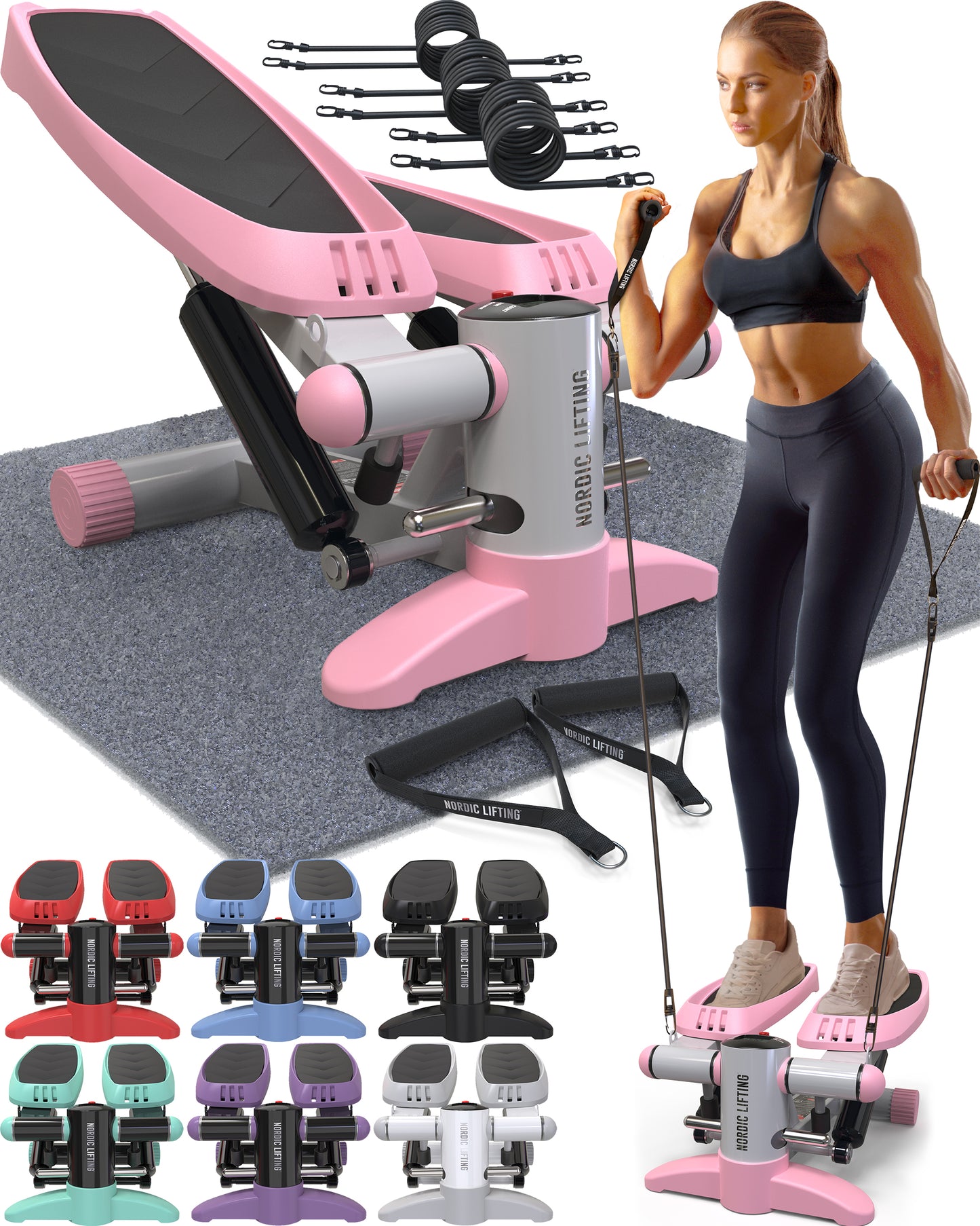 Home Workout Mini Stepper - w/ Resistance Bands Set and Built-in Tracking Monitor